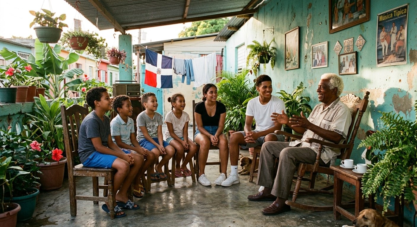 Un hombre mayor sentado en una mecedora en un patio dominicano les cuenta historias a cuatro niños sentados frente a él en sillas de madera.