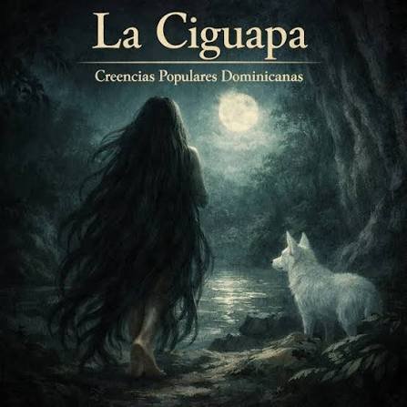 Ilustración de La Ciguapa, una figura de las leyendas populares dominicanas, en un bosque oscuro durante una noche de luna llena, acompañada de un perro blanco junto a un río.
