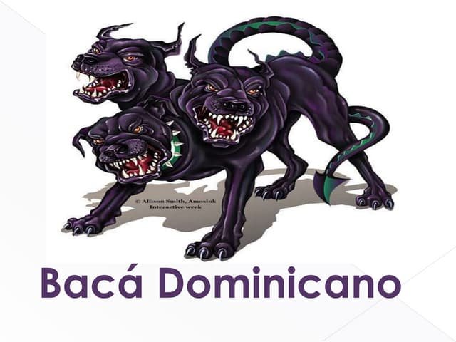 Ilustración de un perro de tres cabezas y cola reptiliana de color morado y verde, con el texto "Bacá Dominicano" debajo.